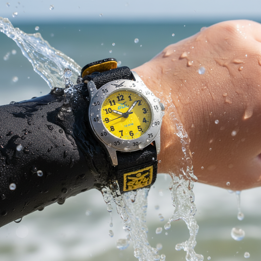 velcro watch gul watches kids watch on arm in splashing water